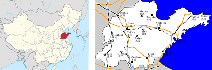 China, in het rood de provincie Shandong (links) Kaart van de provincie Shandong, Yantai ligt rechts boven (rechts)