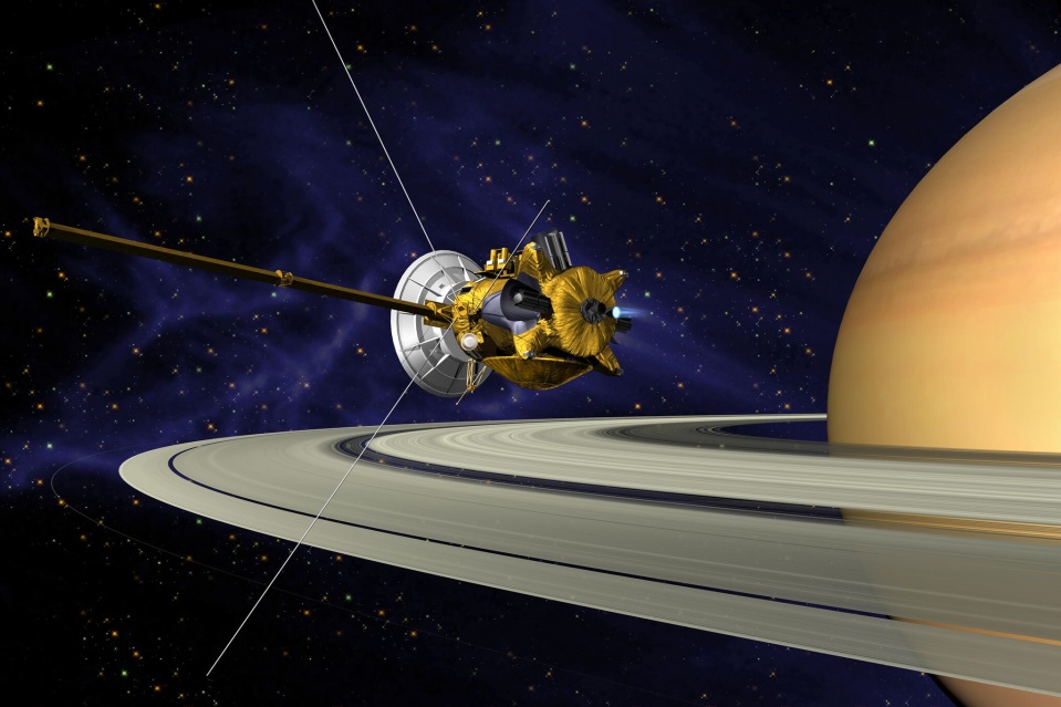 De Cassini ruimtesonde in een baan rondom zijn gastheer Saturnus. Foto: NASA/JPL-Caltech