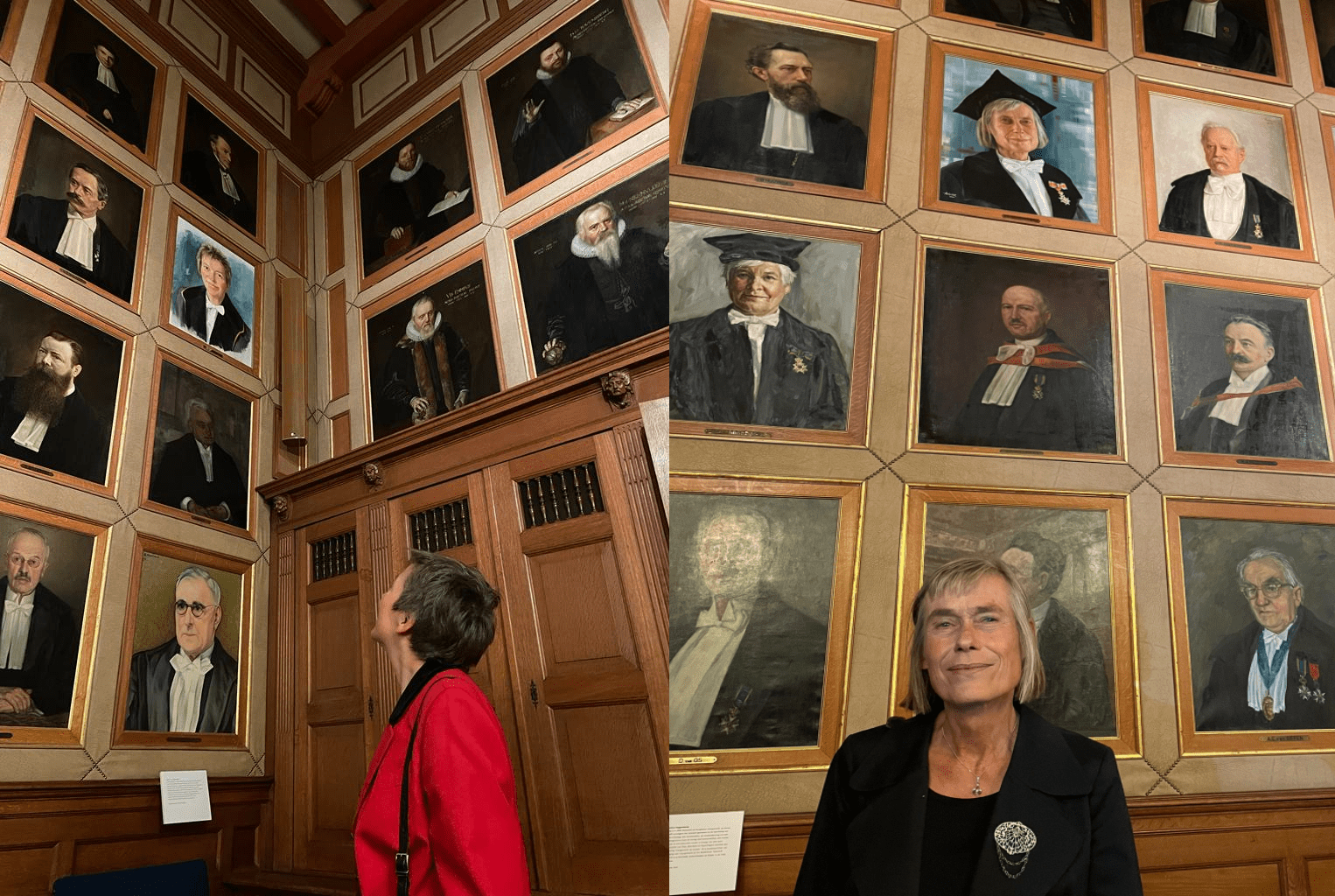 Prof. dr. Clara Mulder (l) en prof. dr. Gerry Wakker bij hun portretten in de Senaatskamer