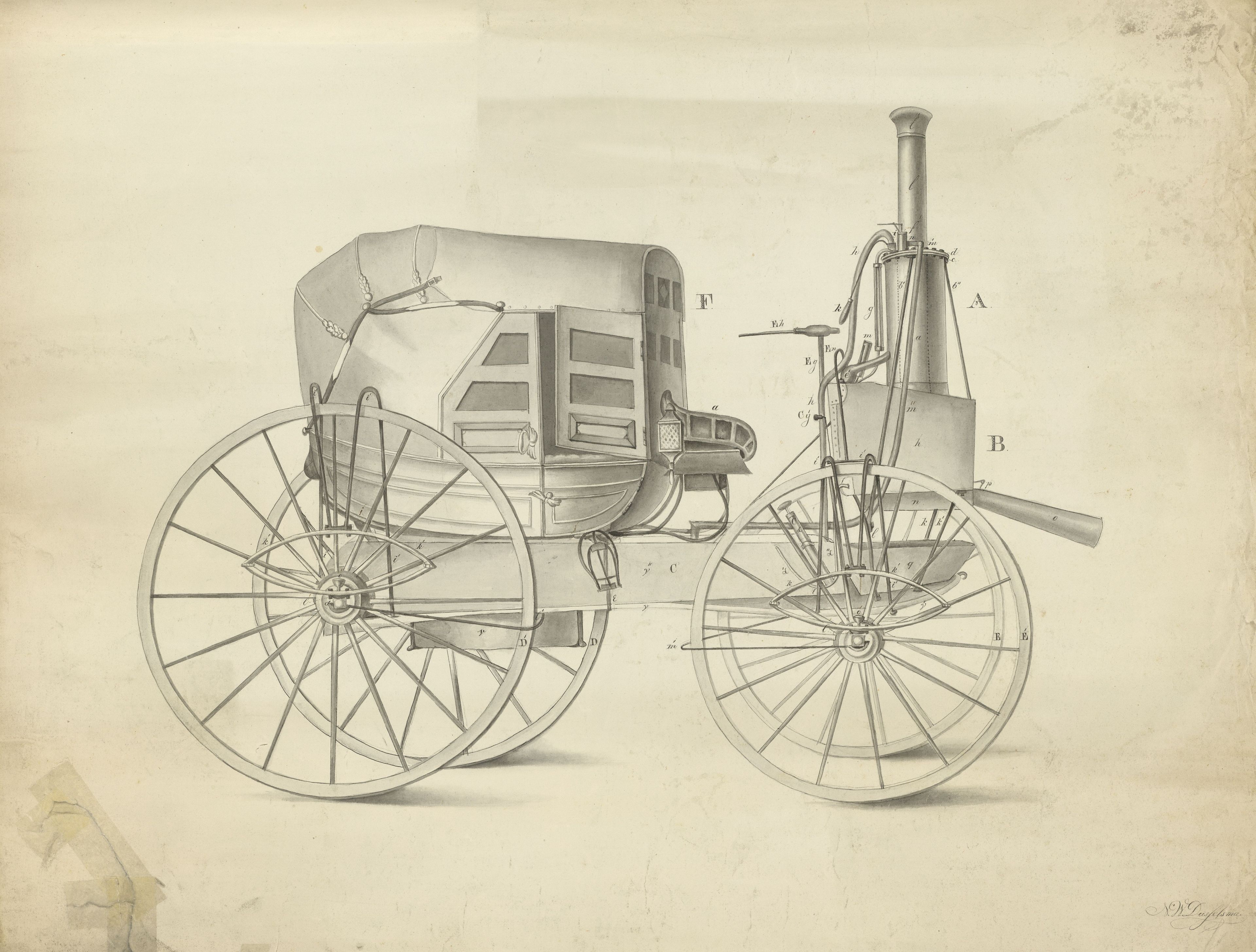 Drawing of Stratingh’s steam-powered vehicle
