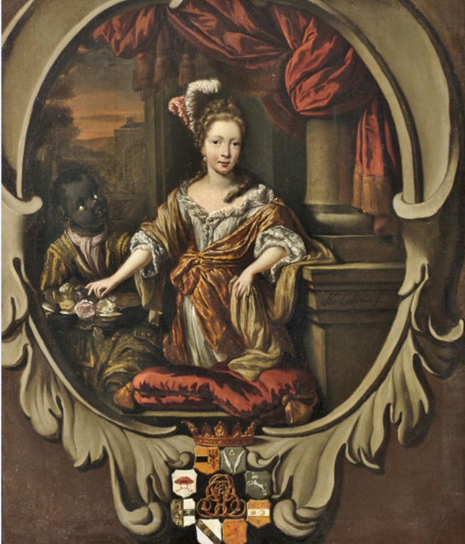 Schilderij van een witte vrouw met een zwarte slavin