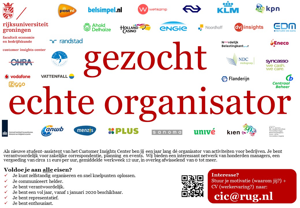 Vacature 'echte organisator gezocht' van het Customer Insights Center van de Rijksuniversiteit Groningen (RUGCIC)