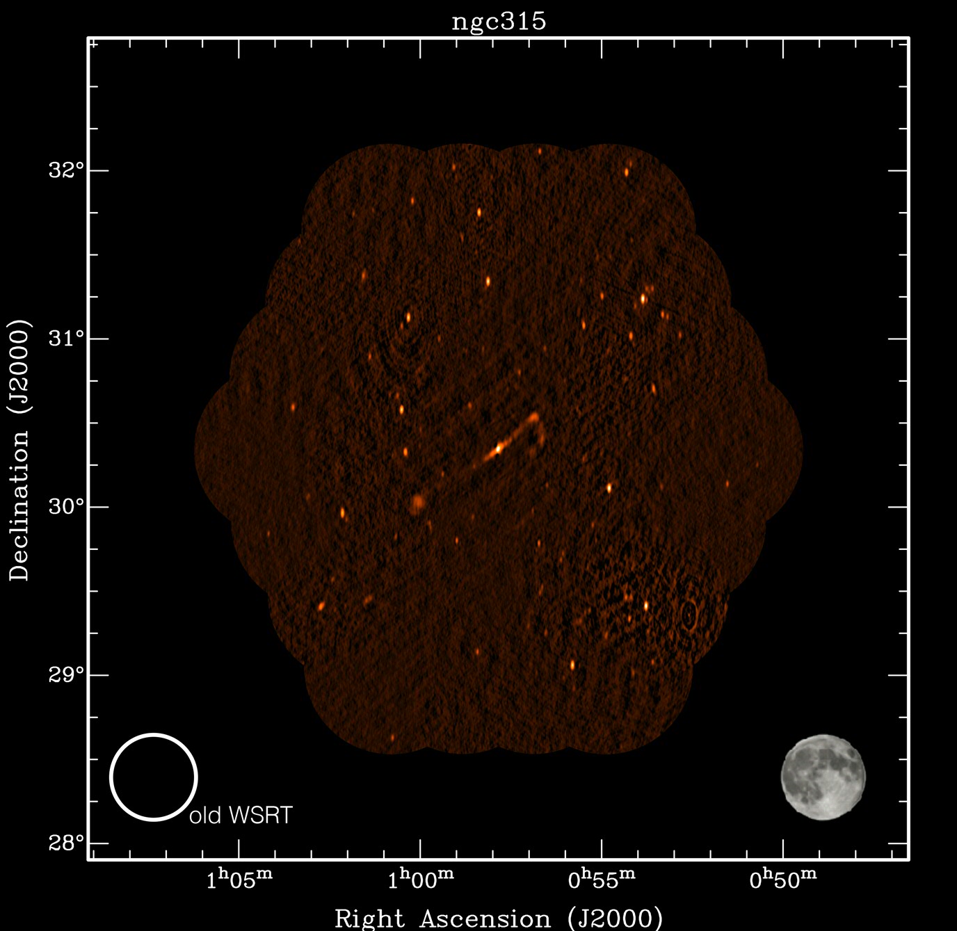 The radio galaxy NGC 315 with its extended jets is shown in the center of the image. The field of view of the old Westerbork system is shown in the bottom left. It would have taken many separate observations with the old system to produce this image, instead of the single Apertif observation shown here. (Credit: Oosterloo/Hut/Apertif Commissioning Team)