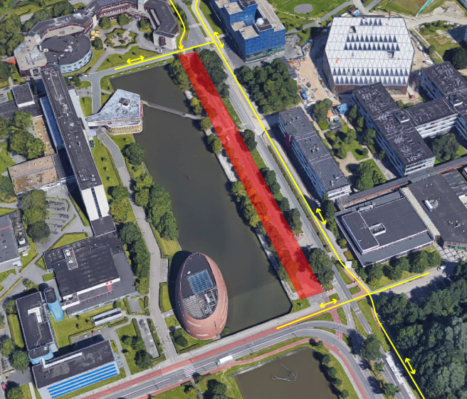 Het rood gemarkeerde gebied zal binnenkort worden afgesloten voor fietsverkeer. Fietsers kunnen gebruik maken van tweerichtingsverkeer aan de oostzijde van de Zernikelaan.