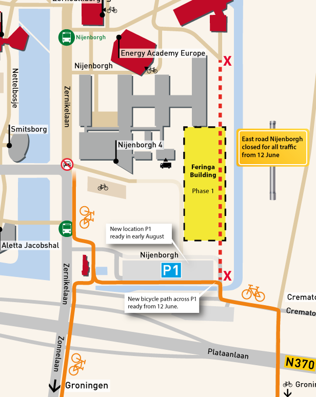 Overzicht met de belangrijkste aanpassingen aan de fietsroutes op de Zernike Campus Groningen