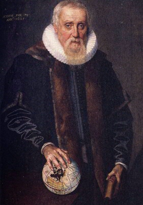 afbeelding 1: Portret van Ubbo Emmius. Hij was de eerste rector magnificus van de Universiteit van Groningen ofwel de Academie, zoals ze nij de stichting in 1614 werd genoemd. Emmius was een gevierde wetenschapper die bekend stond om zijn gedreven zoektocht naar de historische waarheid. De wereldbol en het boek in zijn hand symboliseren zijn academische loopbaan.