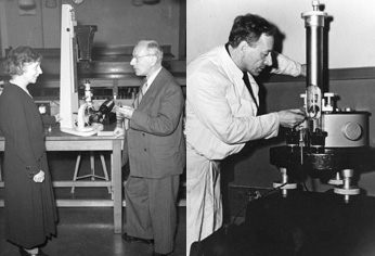 Zernike with the phase contrast microscope (left) and the galvanometer (right)