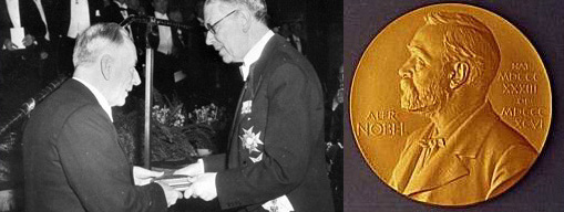 Frits Zernike neemt de Nobelprijs in ontvangst (rechts de Nobelpenning van Zernike)
