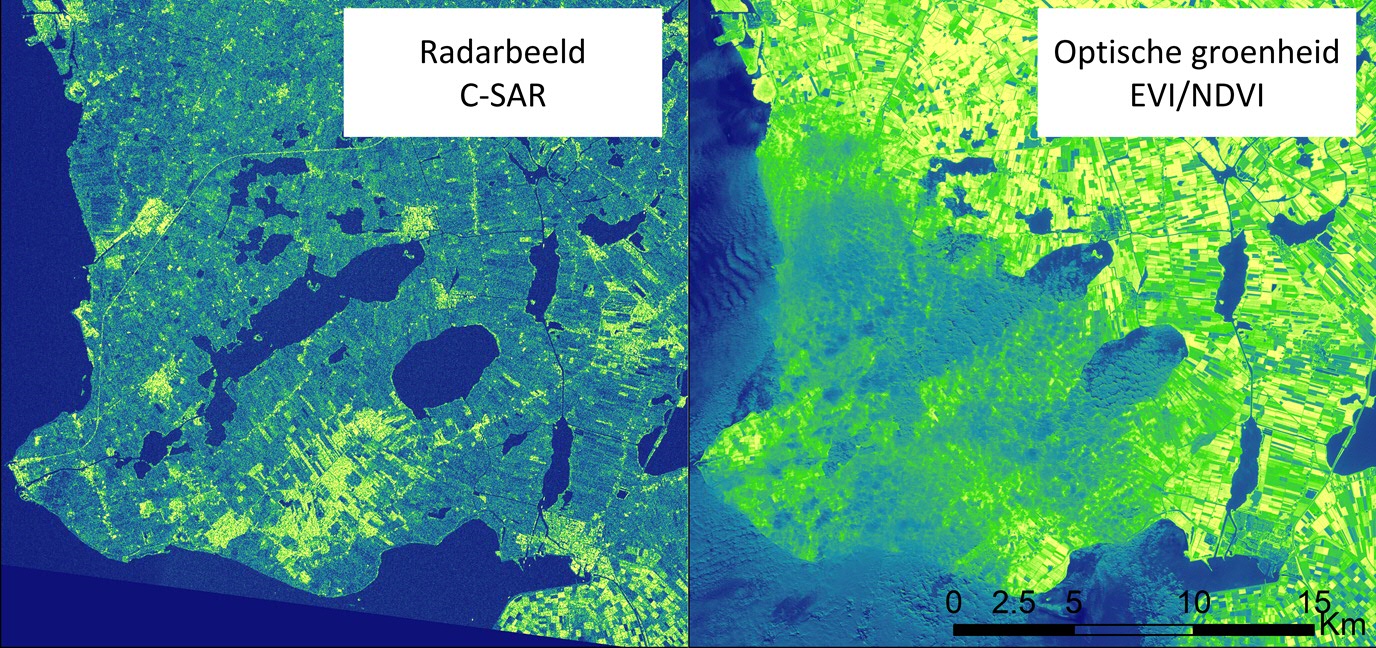 Figure 2: Comparing between optical and radar imagery. Sentinel 1 radar imagery measures surface roughness and are free from cloud interference, (08 June 2016). Foto credits: Ruth Howison
