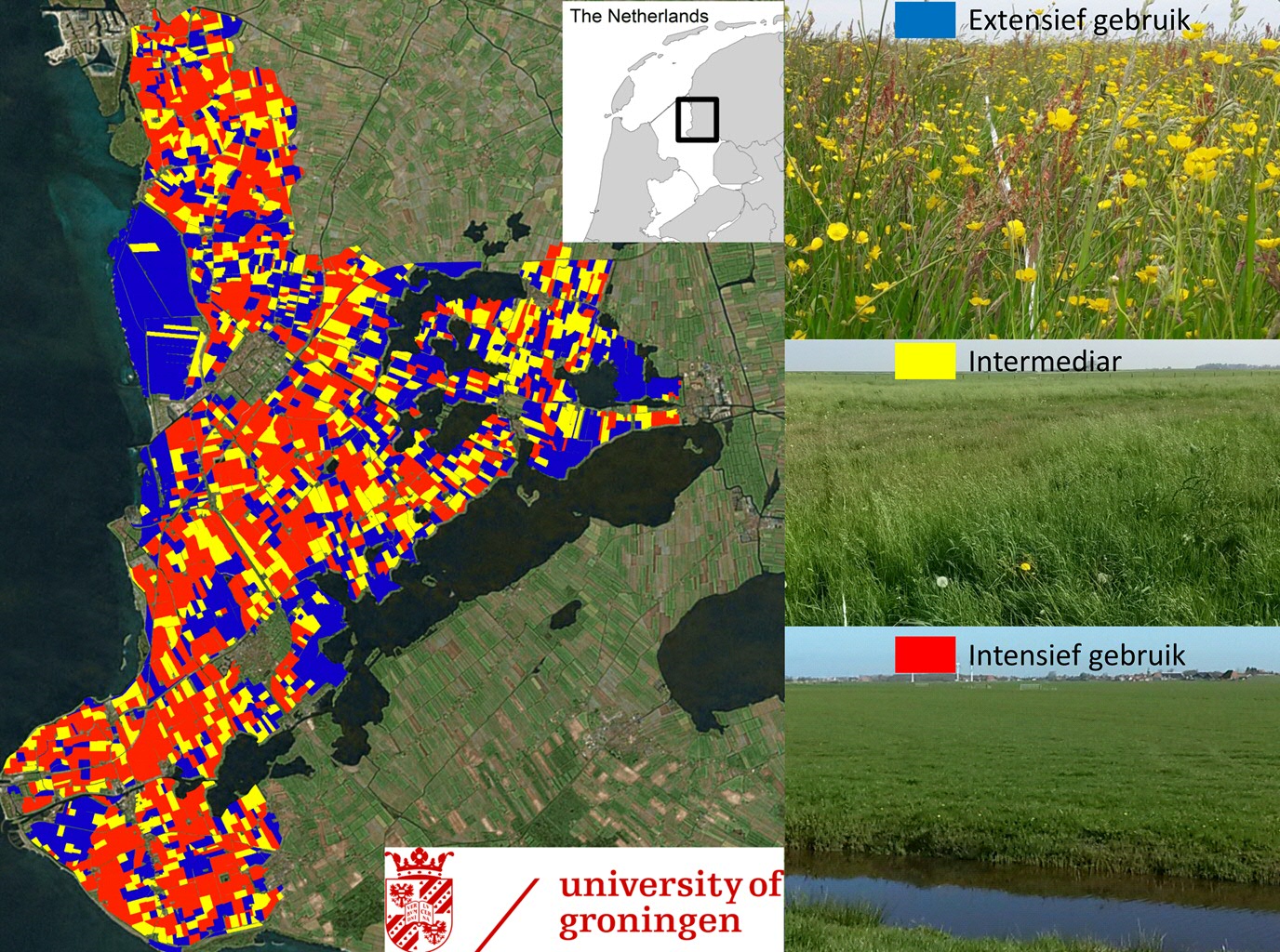 Figure 1. Summarizing the variation in ‘surface roughness’, captured by the ESA radar coverages, we accurately estimate both land use intensity and plant community composition, verified with extensive ground surveys. Foto credits: Kaart en foto's door Ruth Howison