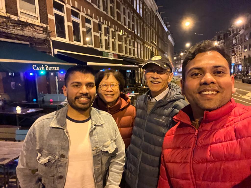 Prof. Chee Yee Kwok, spouse, Dr Debarun Sengupta and Prof. Ajay Kottapalli together at a street in Groningen in the evening