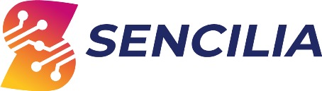 sencilia start-up company logo with blue letters and pink and orange drawing