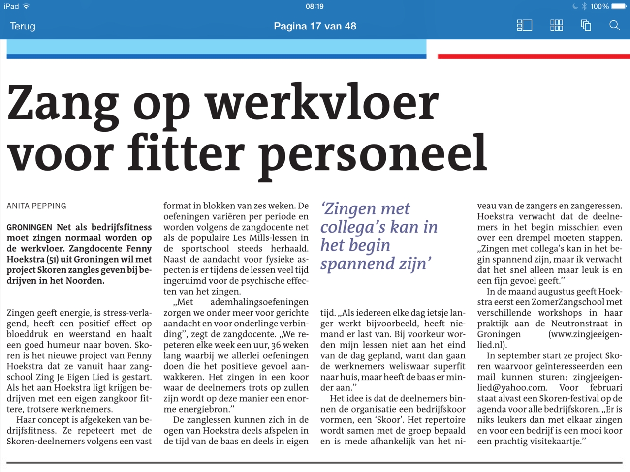 Article about singing at work (in Dutch)