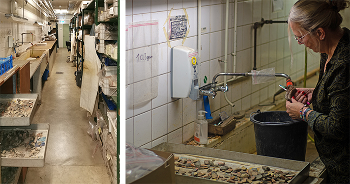 Links: de spoelkelder van het GIA. Rechts: Maria Straatman wast materiaal van het project 'Veldkarteringen in het Fries/Groningse Terpen- en Wierdengebied' (zie ook foto 60).