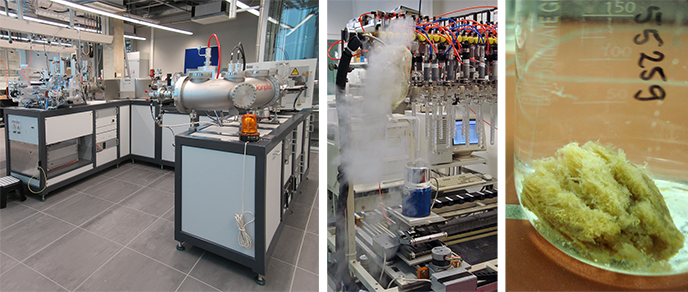 Links: de AMS machine voor het meten van 14C concentraties. Rechts: uit het chemisch lab (verbranding monster; collageen uit bot).