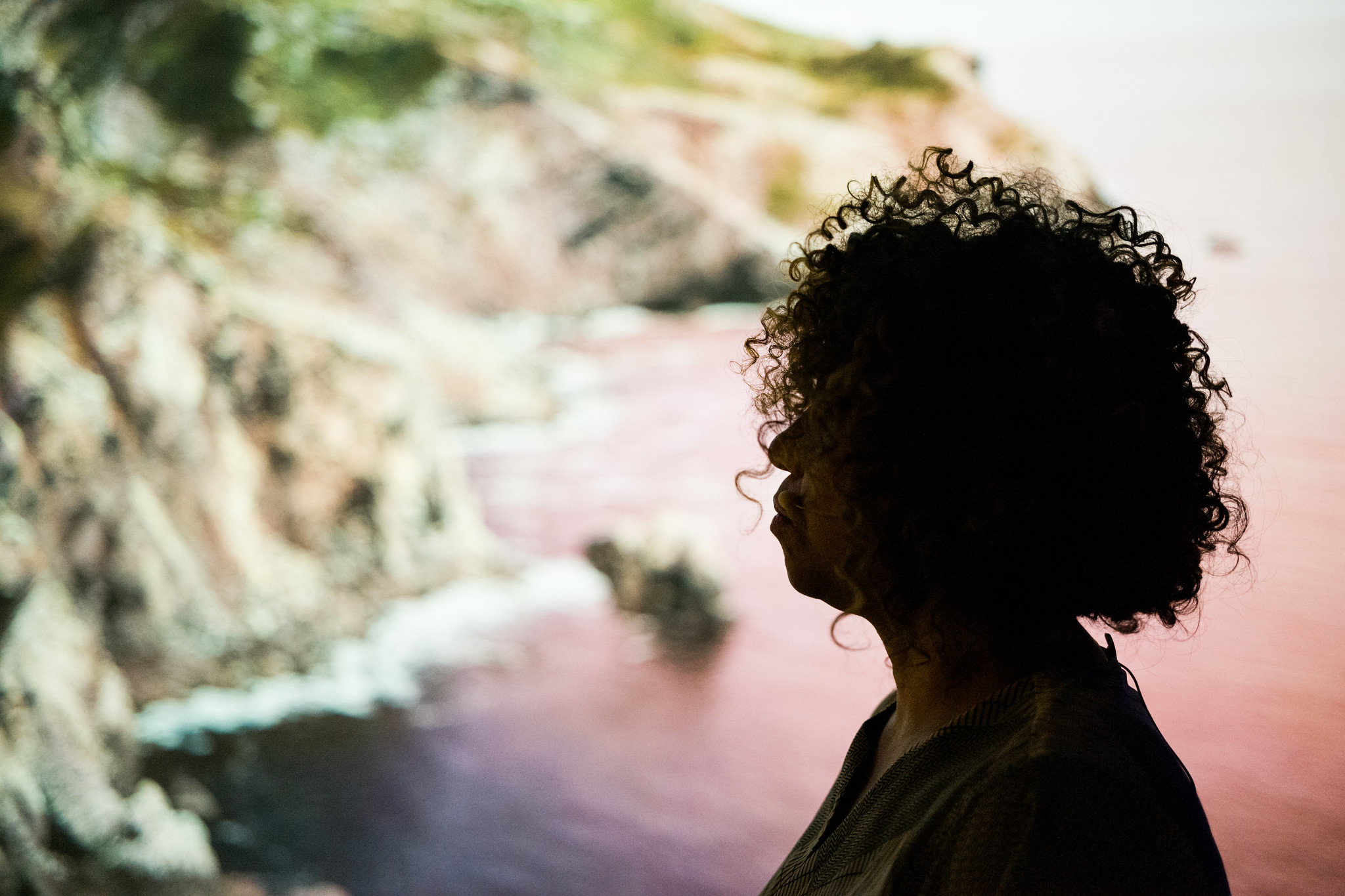 A curly-haired person is silhouetted against a blurry image of cliffs.