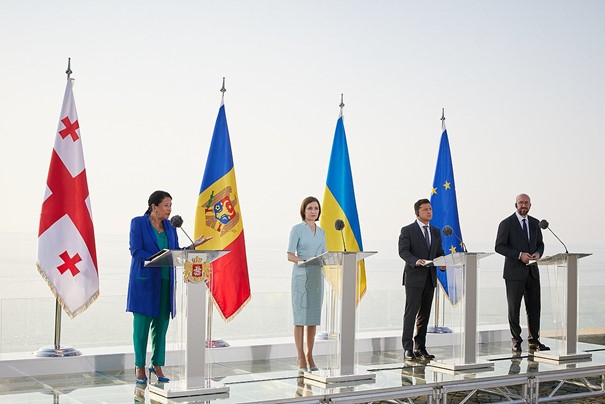 President of Georgia Salome Zourabichvili, President of Moldova Maia Sandu, President of Ukraine Volodymyr Zelenskyy and President of the European Council Charles Michel during the 2021 Batumi International Conference. In 2014, the EU signed Association Agreements with all the three states.