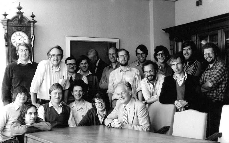 Staff and students in the Radio Group of the Kapteyn Laboratory in 1982. Renzo Sancisi and Piet van der Kruit were on sabbatical leaves, respectively in the USA and Australia and are missing on this photograph. From the Kapteyn collection, by Seth Shostak.