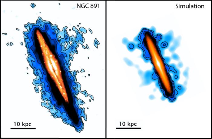 Een sterrenstelsel op zijn kant. Links het echte sterrenstelsel NGC 891 waargenomen met de Westerbork Synthese Radio Telescoop. Rechts het sterrenstelsel uit de computersimulatie van de Groningse onderzoekers. Waarneming en simulatie komen goed overeen. Oranje is sterlicht. Blauw is neutraal waterstofgas. 10 kpc staat voor 10 kiloparsec. Dat is een afstandmaat die sterrenkundigen vaak gebruiken. 10 kpc is 32.616 lichtjaar.