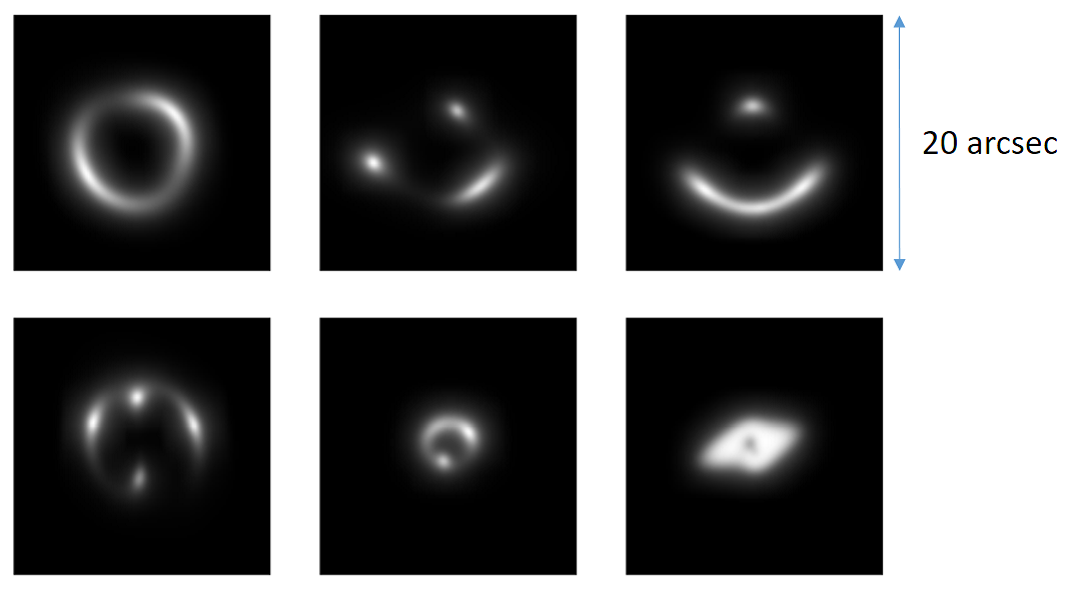 Met behulp van kunstmatige intelligentie ontdekten astronomen 56 nieuwe zwaartekrachtlenskandidaten. Op de foto staan zelfgemaakte afbeeldingen van zwaartekrachtlenzen waarmee de sterrenkundigen hun neurale netwerk trainden. (c) Enrico Petrillo (Rijksuniversiteit Groningen)