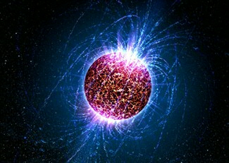 A neutron star is a very dense remnant of a dead star. The pressure from degenerate neutrons prevents the star from collapsing. It has strong magnetic fields and some of them rotate very fast with more than one rotation per second. Image credit: Casey Reed (Penn State University)