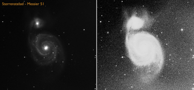 Een opname van de Draaikolknevel (M51). Dit is een sterrenstelsel net als onze eigen melkweg en bevat enkele honderden miljarden sterren. De rechter afbeelding is van dezelfde opname waarbij met beeldverwerking de zwakste gedeeltes naar voren zijn gehaald.