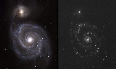 The night of April 18-19 was of such an irresistible observing quality, that Marc Verheijen went to the Gratama telescope to see whether is was possible to do an H-alpha observation of a nearby galaxy. The M51 system became the target. The observation lasted 4x30 minutes in the B-band, 3x30 minutes in the V-band, 2x30 minutes in the R-band and 4x30 minutes in the H-alpba band. On the left you can see the produced colour image and on the right the system in H-alpha radiation. Numerous H-alpha areas can be made visible with the Gratama telescope. In these areas there is ionized hydrogen gas.