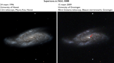Ingezoomde versie van stelsel NGC 4088 van de afbeelding hieronder (rechts), vergeleken met een eerdere afbeelding van hetzelfde stelsel toen de supernova er nog niet was (links).