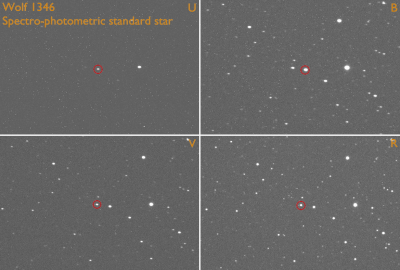 Vier opnames van de ster "Wolf 1346" in vier kleuren licht. Van deze ster is precies bekend hoeveel licht hij uitzendt in iedere kleur. Met deze opnames kan de gevoeligheid van de gebruikte camera bepaald worden voor deze kleuren.