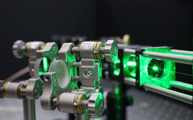 A laser beam probes the quantum properties of a diamond. Photo: Gavin Morley