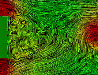 Visualisatie van turbulente stroming achter een nog net zichtbaar blokje ©Arthur Veldman