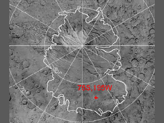 De primaire landingslocatie van de Mars Polar Lander op 76 graden 'south latitude' en 195 graden 'west longitude'. ©Dr. David A. Paige (UCLA).