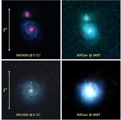Vergelijking in beeldscherpte tussen e_ELT Micado en de JWST ruimtetelescoop | Illustratie ESO