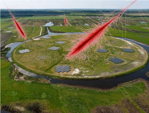 Na een deeltjesdouche dalen radiosignalen neer op de 'superterp' van de Drentse LOFAR-telescoop. | Illustratie Heino Falcke, Radboud Universiteit
