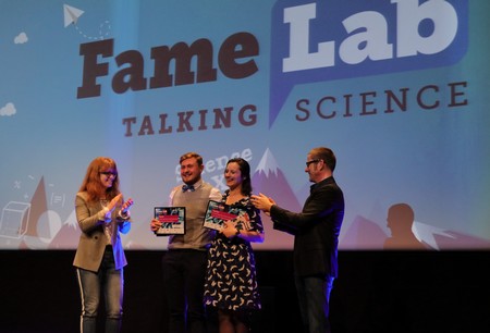 FameLab winners (with chair of the jury and presentor) | Photo Science LinX