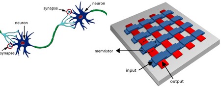 Left: A simplified representation of a small part of the brain: neurons receive, process and transmit signals through synapses. Right: a crossbar array, which is a possible architecture of how this could be realised with devices. The memristors, like synapses in the brain, can change their conductivity so that connections can be weakened and strengthened. | Illustration Spintronics of Functional Materials group, University of Groningen