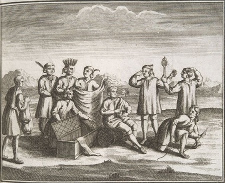 Kolonisten handelen met Irokezen | Illustratie Bacqueville de La Potherie, 1722 / Wikimedia