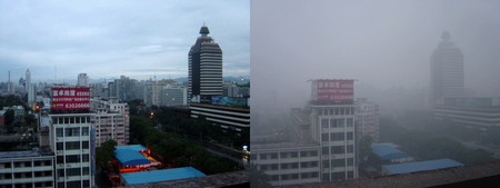 Beijing na een paar dagen regen (links) en vol smog | Foto Bobak / Wikimedia