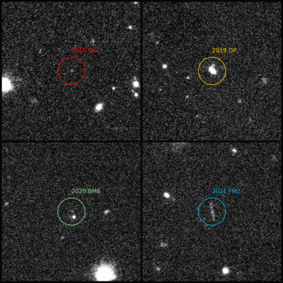 Beelden van vier aardscheerders gemaakt met de OmegaCAM op de VLT Survey Telescope. De eerste drie aardscheerders blijken minder riskant dan gedacht. De laatste (blauw) is wat risicovoller geworden. Op bewegende beelden lijkt het alsof de aardscheerders stilstaan, omdat de sterrenkundigen de aardscheerder midden in beeld houden. | Illustratie Teymoor Saifollahi, RUG / ESO / VST