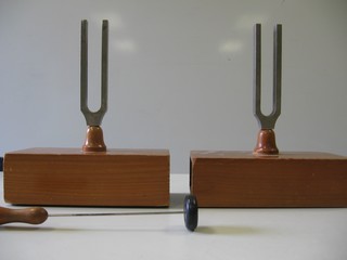 Vibration energy can transfer from one tuning fork to another. Illustration from http://www.experimenten.be/279-Resonantie_bij_stemvorken