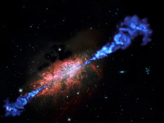 Artists impression of a galaxy with star formation (in red) and energy burst from a black hole (blue).