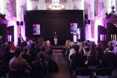 The FameLab stage in the church.