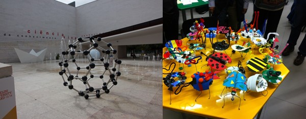 Pavilhao da Conhecimento (links) en het resultaat van de workshop robotjes maken.