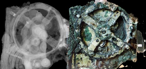 The Antikythera mechanism (right) and an x-ray image showing the interior (left) | Photo Rien van de Weijgaert