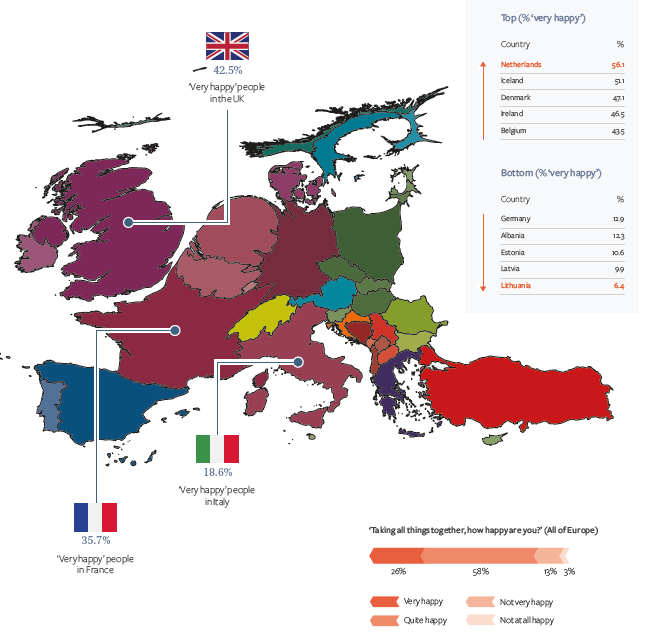 The geography of subjective happiness in Europe. Source: Ballas, Dorling and Hennig (2017), The Human Atlas of Europe, Policy Press, Bristol