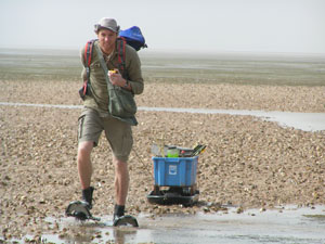 Matthijs van der Geest aan het werk op wad van Banc d'Arguin - Photo by Theunis Piersma