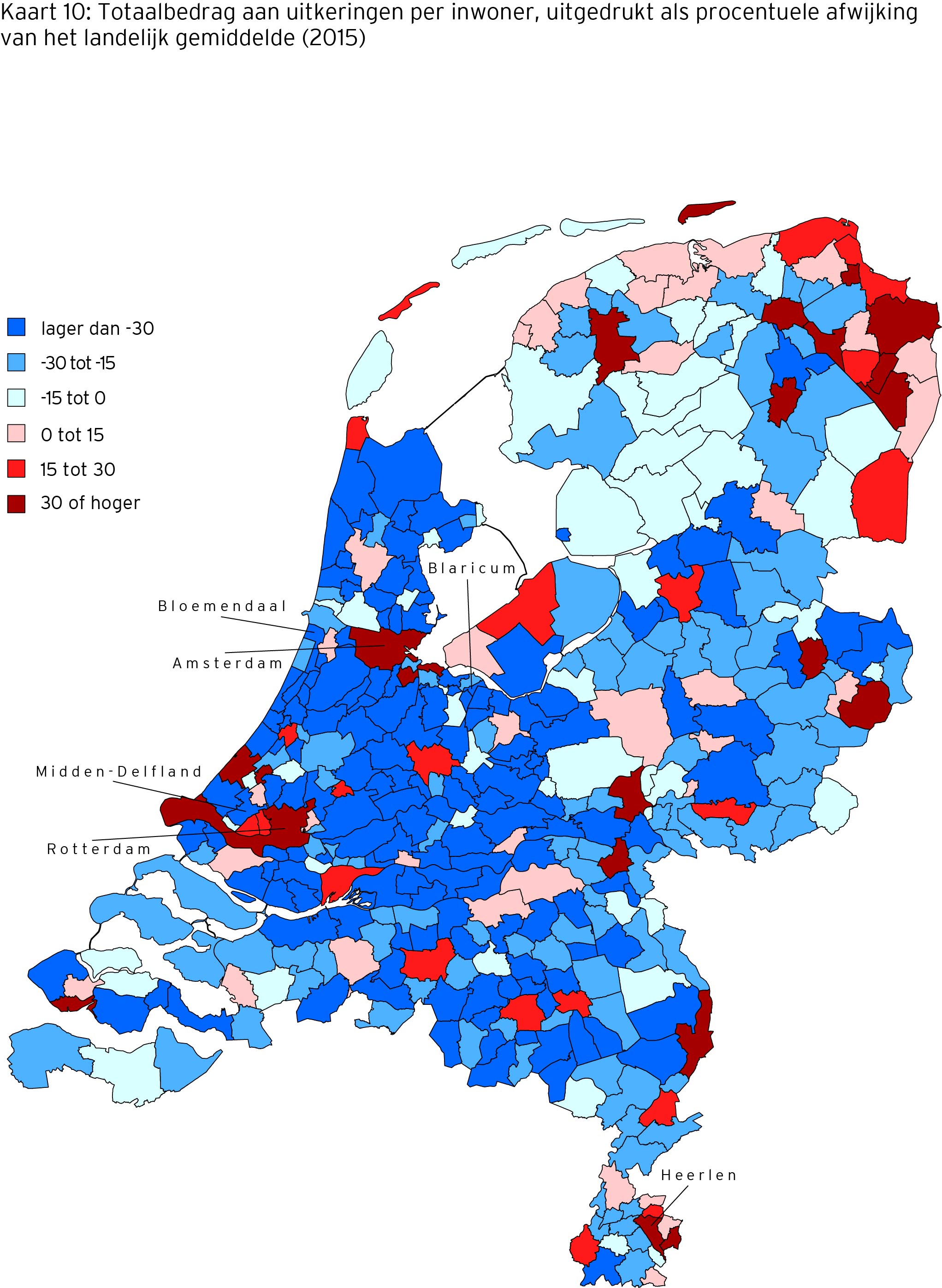 Totaal aan rijksuitkeringen per inwoner, 2015, uitgedrukt als procentuele afwijking van het landelijke gemiddelde.