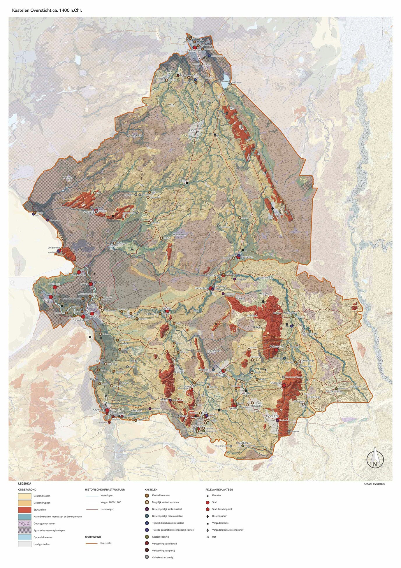 Een kaart met de kastelen en de soorten landschappen (sterk verkleind)