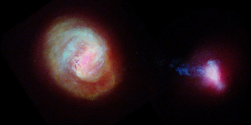 Dansende Magelhaense wolken. Deze afbeelding toont jonge sterren die van de kleine Magelhaense wolk (rechts) bewegen naar de grote Magelhaense wolk (midden). (c) ESA/Gaia/DPAC [CC BY-SA 3.0 IGO]