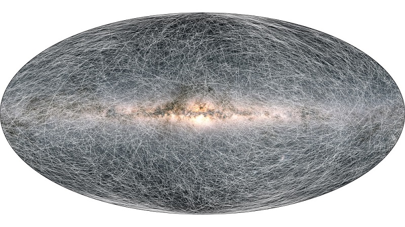 Sterrensporen. Deze afbeelding toont van 40.000 sterren in onze Melkweg hoe snel ze bewegen in 400.000 jaar. De afbeelding is gemaakt met gegevens van de Europese ruimtetelescoop Gaia. (c) ESA/Gaia/DPAC [CC BY-SA 3.0 IGO]